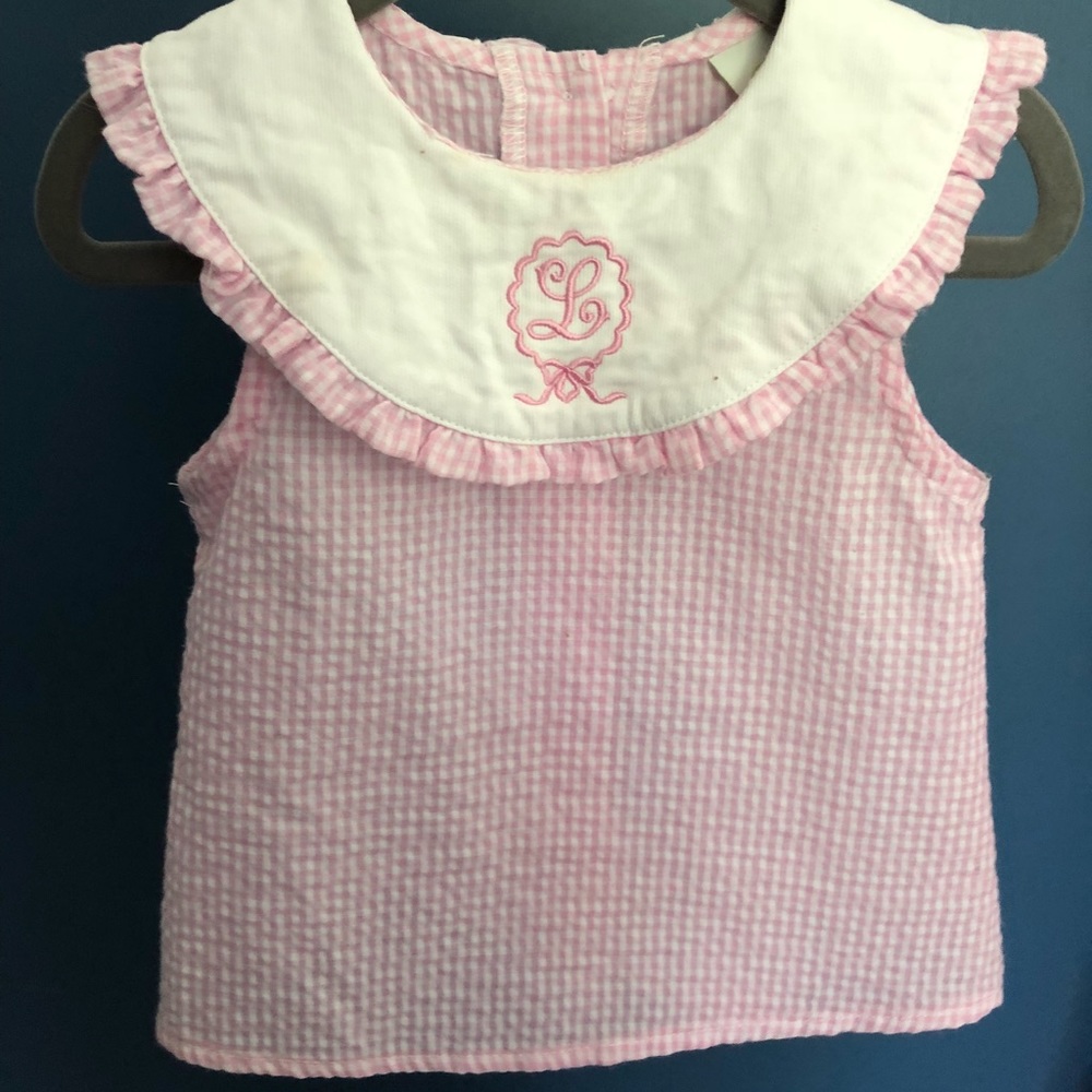 Pink & white gingham monogrammed L top - 18mo